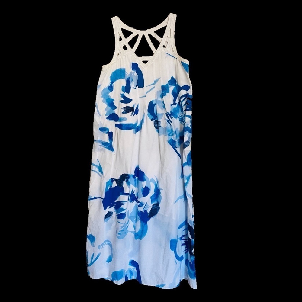 Soft Surroundings Summer Dress Blue White Strappy Adele Floral Maxi Beach Sz XS